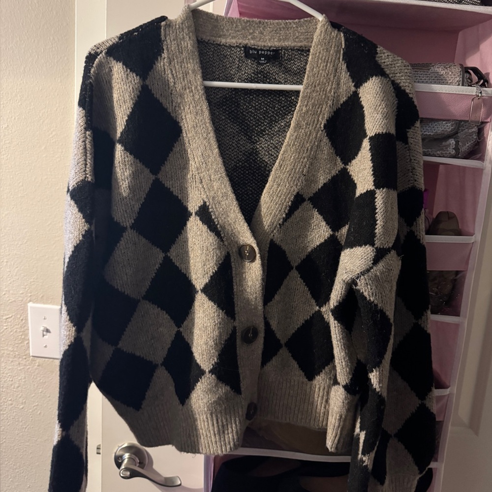 Blu Pepper Black and Cream Checkered Cardigan